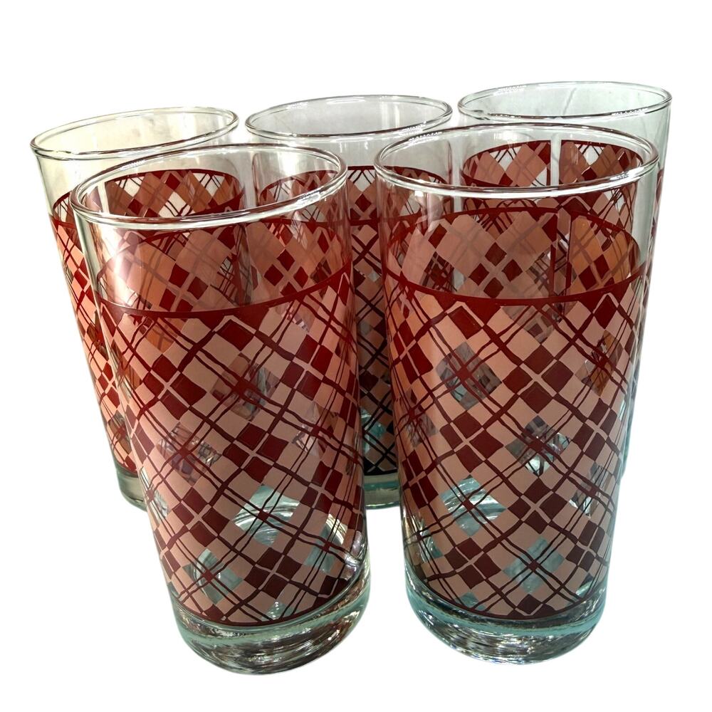MCM Corning Life Styles Argyle Design Pink & Red Highball Tumblers 16 Ounces #5